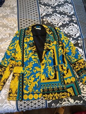 Baroque-Print Blue & Gold Blazer